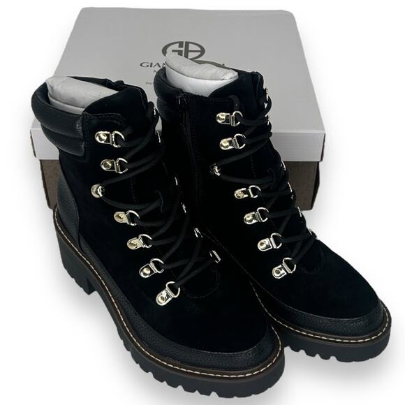 New Giani Bernini Black Suede Booties Size 6 Chunky Lug Lace Up Gorpcore Boot - Picture 1 of 9